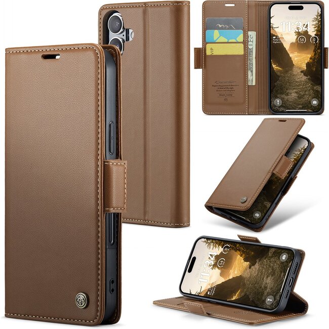 CaseMe - Hoesje geschikt voor Apple iPhone 17 - Retro Wallet Book Case - Met Magnetische Sluiting - Bruin