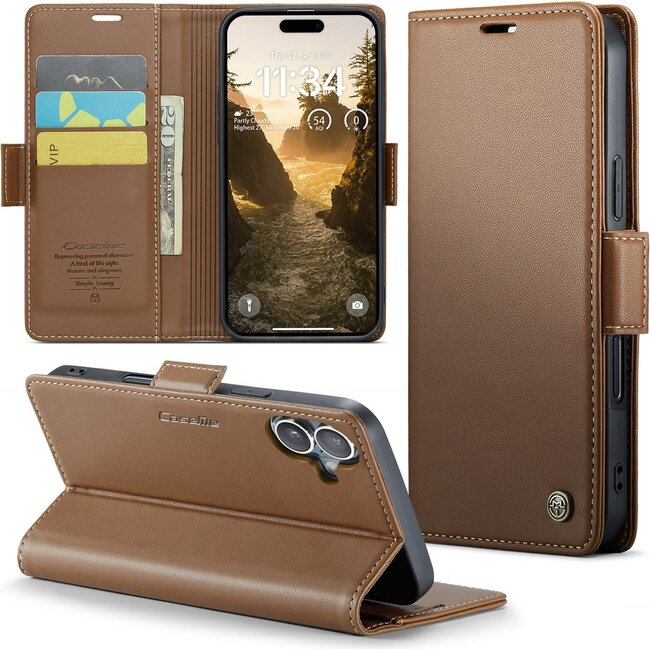 CaseMe - Hoesje geschikt voor Apple iPhone 17 - Retro Wallet Book Case - Met Magnetische Sluiting - Bruin