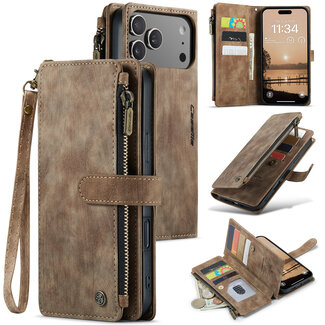 CaseMe CaseMe - Hoesje geschikt voor Apple iPhone 17 Pro - Vintage Wallet Book Case Ritssluiting - Met Magneetsluiting - Bruin