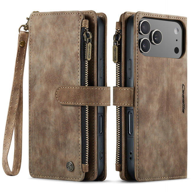 CaseMe - Hoesje geschikt voor Apple iPhone 17 Pro - Vintage Wallet Book Case Ritssluiting - Met Magneetsluiting - Bruin