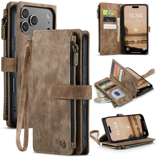 CaseMe - Hoesje geschikt voor Apple iPhone 17 Pro - Vintage Wallet Book Case Ritssluiting - Met Magneetsluiting - Bruin