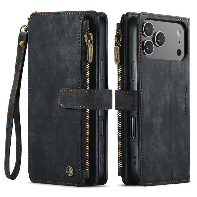 CaseMe - Hoesje geschikt voor Apple iPhone 17 Pro - Vintage Wallet Book Case Ritssluiting - Met Magneetsluiting - Zwart