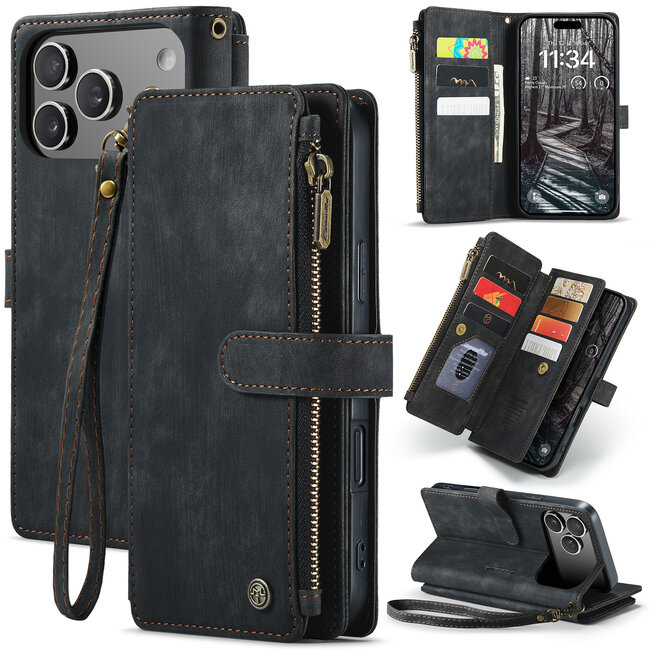 CaseMe - Hoesje geschikt voor Apple iPhone 17 Pro - Vintage Wallet Book Case Ritssluiting - Met Magneetsluiting - Zwart
