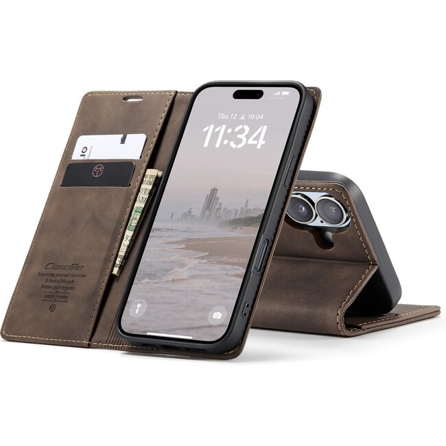Caseme - Telefoonhoesje geschikt voor Apple iPhone 17 - Wallet Book Case - Met Magnetische Sluiting - Donker Bruin