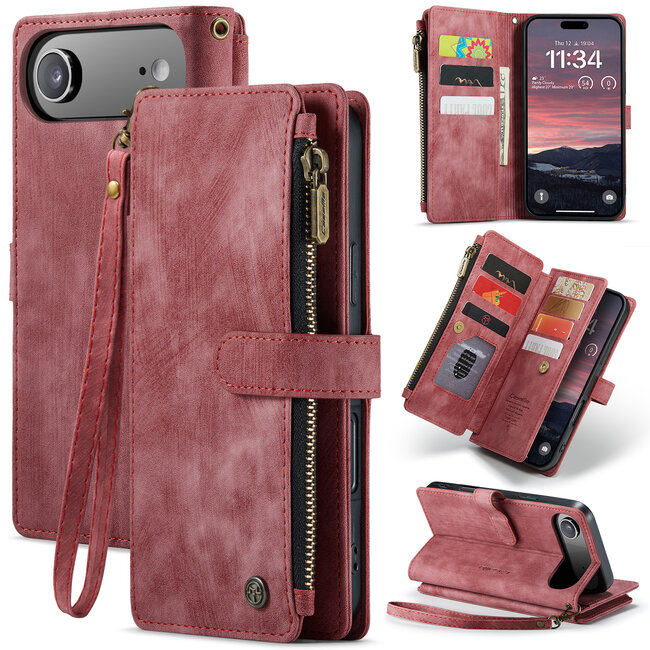 CaseMe - Hoesje geschikt voor Apple iPhone Air- Vintage Wallet Book Case Ritssluiting - Met Magneetsluiting - Rood
