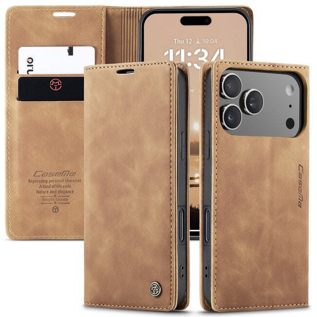 Caseme - Telefoonhoesje geschikt voor Apple iPhone 17 Pro Max - Wallet Book Case - Met Magnetische Sluiting - Licht Bruin