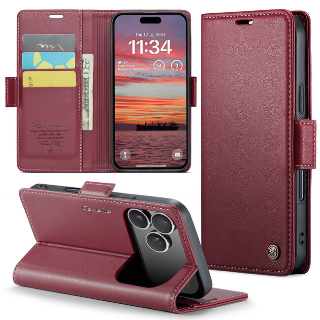 CaseMe - Hoesje geschikt voor Apple iPhone 17 Pro Max - Retro Wallet Book Case - Met Magnetische Sluiting - Rood