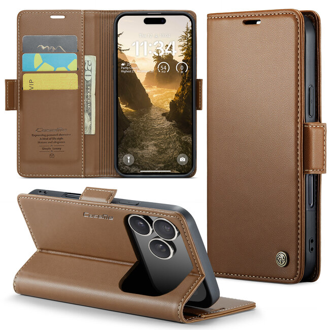 CaseMe - Hoesje geschikt voor Apple iPhone 17 Pro Max - Retro Wallet Book Case - Met Magnetische Sluiting - Bruin