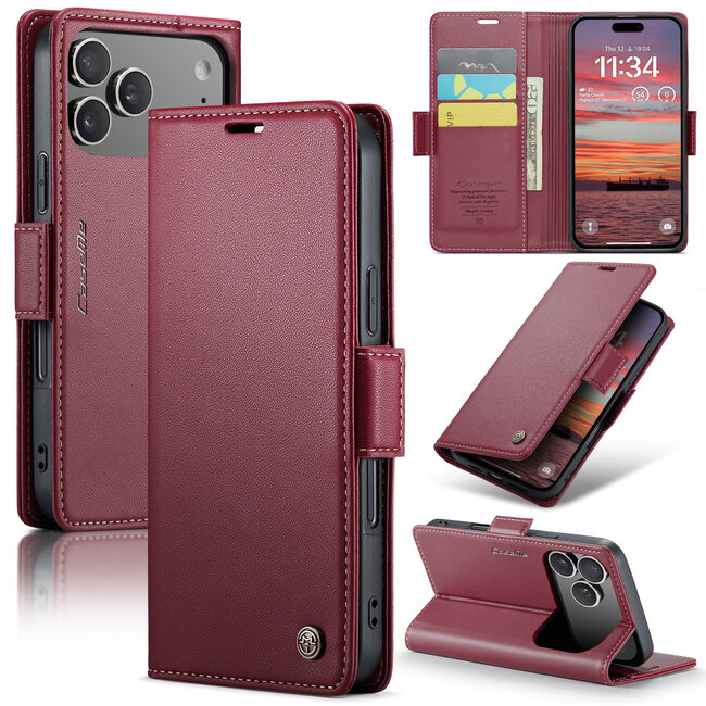 CaseMe - Hoesje geschikt voor Apple iPhone 17 Pro - Retro Wallet Book Case - Met Magnetische Sluiting - Rood