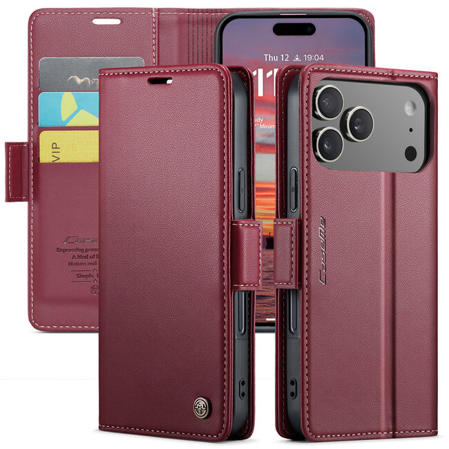 CaseMe - Hoesje geschikt voor Apple iPhone 17 Pro - Retro Wallet Book Case - Met Magnetische Sluiting - Rood