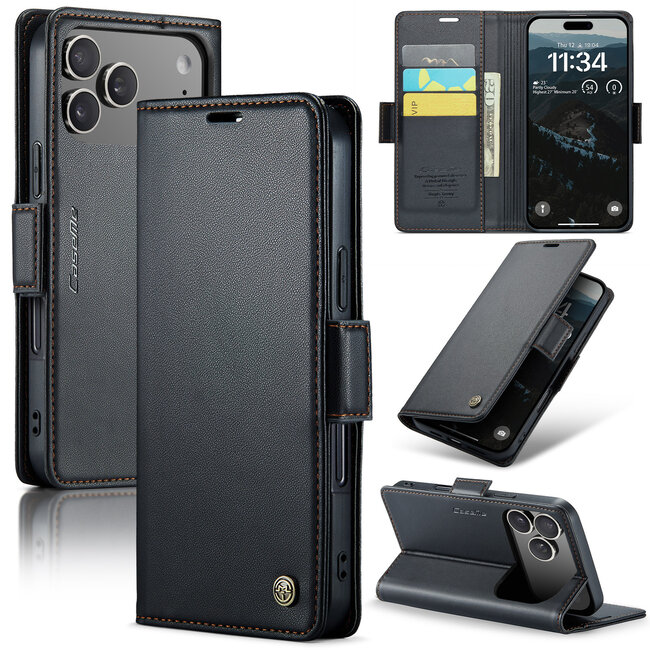 CaseMe - Hoesje geschikt voor Apple iPhone 17 Pro - Retro Wallet Book Case - Met Magnetische Sluiting - Zwart