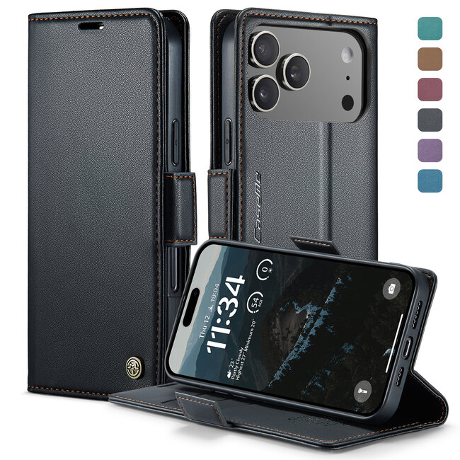 CaseMe - Hoesje geschikt voor Apple iPhone 17 Pro - Retro Wallet Book Case - Met Magnetische Sluiting - Zwart