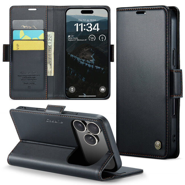 CaseMe - Hoesje geschikt voor Apple iPhone 17 Pro - Retro Wallet Book Case - Met Magnetische Sluiting - Zwart