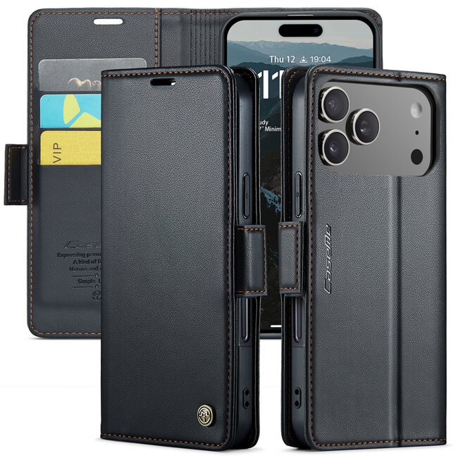CaseMe - Hoesje geschikt voor Apple iPhone 17 Pro - Retro Wallet Book Case - Met Magnetische Sluiting - Zwart