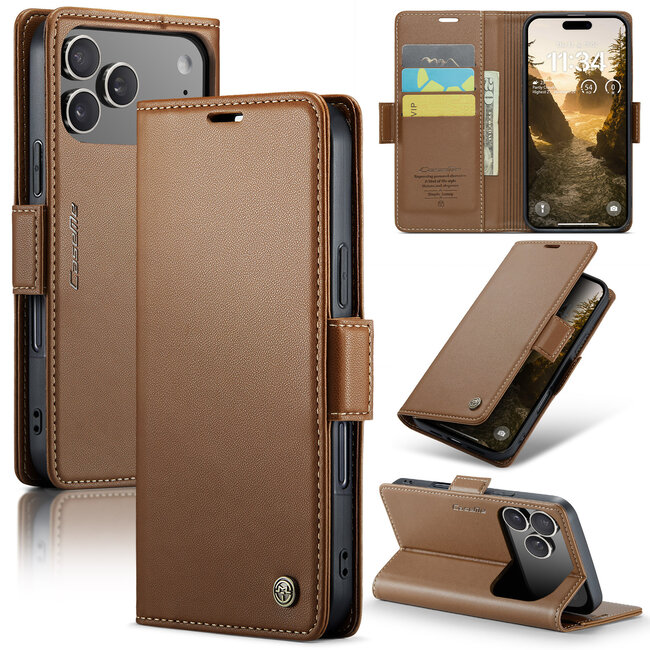 CaseMe - Hoesje geschikt voor Apple iPhone 17 Pro - Retro Wallet Book Case - Met Magnetische Sluiting - Bruin