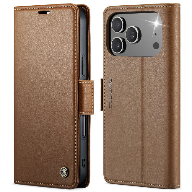 CaseMe - Hoesje geschikt voor Apple iPhone 17 Pro - Retro Wallet Book Case - Met Magnetische Sluiting - Bruin