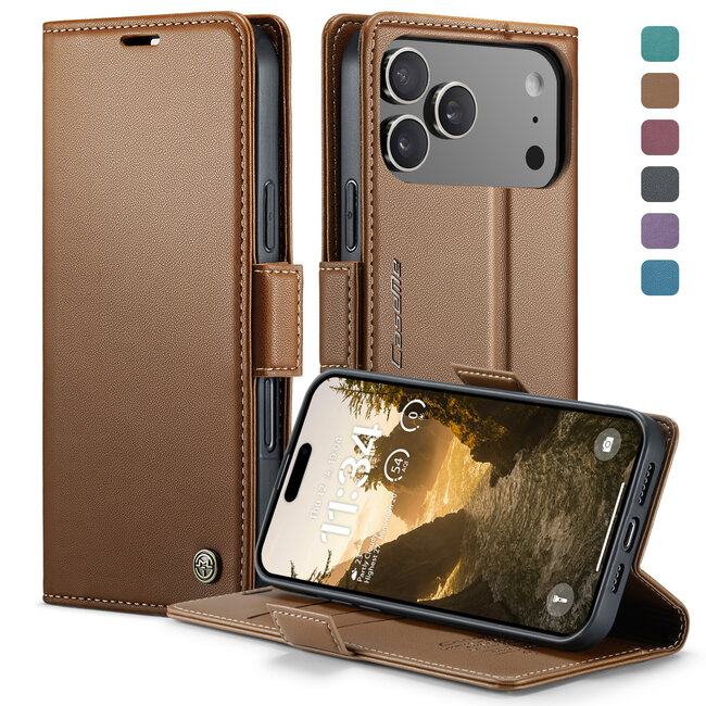 CaseMe - Hoesje geschikt voor Apple iPhone 17 Pro - Retro Wallet Book Case - Met Magnetische Sluiting - Bruin