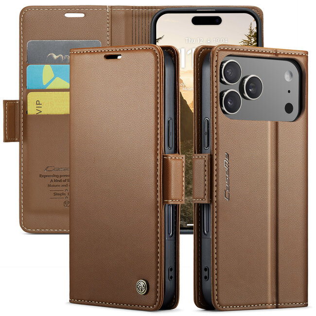 CaseMe - Hoesje geschikt voor Apple iPhone 17 Pro - Retro Wallet Book Case - Met Magnetische Sluiting - Bruin