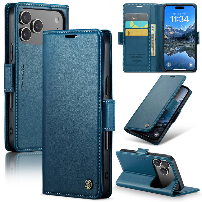 CaseMe - Hoesje geschikt voor Apple iPhone 17 Pro - Retro Wallet Book Case - Met Magnetische Sluiting - Blauw