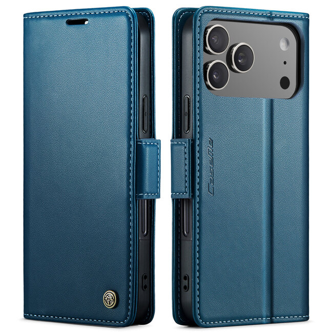 CaseMe - Hoesje geschikt voor Apple iPhone 17 Pro - Retro Wallet Book Case - Met Magnetische Sluiting - Blauw