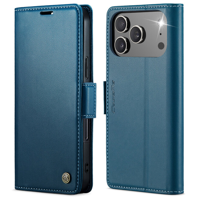 CaseMe - Hoesje geschikt voor Apple iPhone 17 Pro - Retro Wallet Book Case - Met Magnetische Sluiting - Blauw