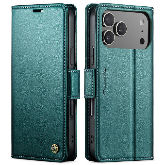 CaseMe - Hoesje geschikt voor Apple iPhone 17 Pro - Retro Wallet Book Case - Met Magnetische Sluiting - Groen