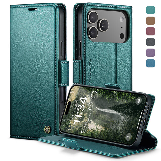 CaseMe - Hoesje geschikt voor Apple iPhone 17 Pro - Retro Wallet Book Case - Met Magnetische Sluiting - Groen