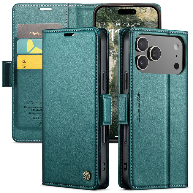 CaseMe - Hoesje geschikt voor Apple iPhone 17 Pro - Retro Wallet Book Case - Met Magnetische Sluiting - Groen