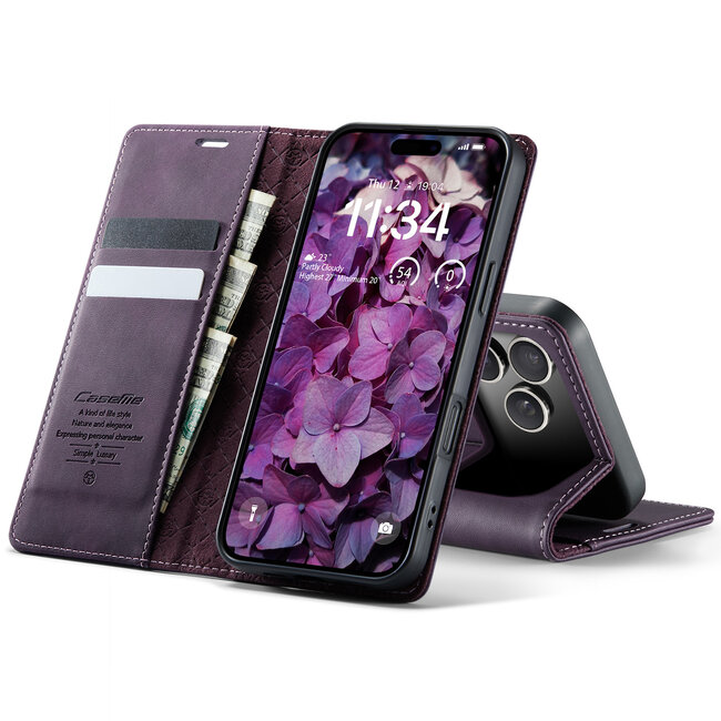 Caseme - Telefoonhoesje geschikt voor Apple iPhone 17 Pro - Met Magnetische Sluiting - Book Case - Met Pasjes Houder - Paars