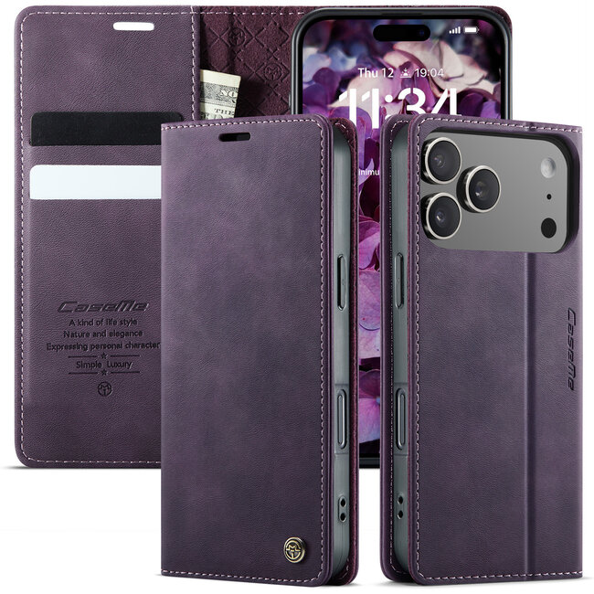 Caseme - Telefoonhoesje geschikt voor Apple iPhone 17 Pro Max - Met Magnetische Sluiting - Book Case - Met Pasjes Houder - Paars