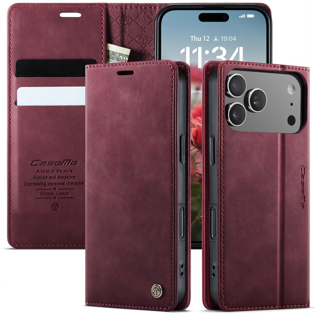 Caseme - Telefoonhoesje geschikt voor Apple iPhone 17 Pro - Met Magnetische Sluiting - Book Case - Met Pasjes Houder - Rood
