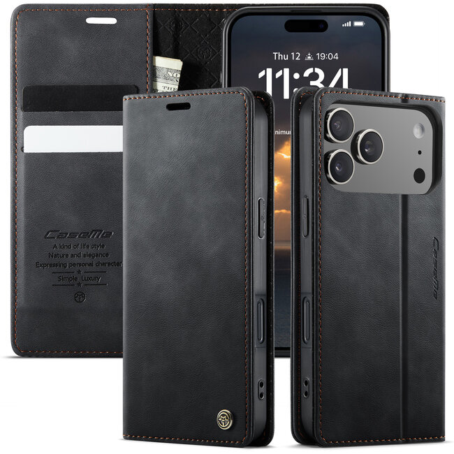 Caseme - Telefoonhoesje geschikt voor Apple iPhone 17 Pro - Met Magnetische Sluiting - Book Case - Met Pasjes Houder - Zwart
