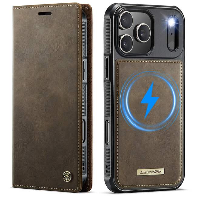 Caseme - Telefoon hoesje geschikt voor Apple iPhone 17 Pro - Geschikt voor Magsafe - Bookcase - Bruin