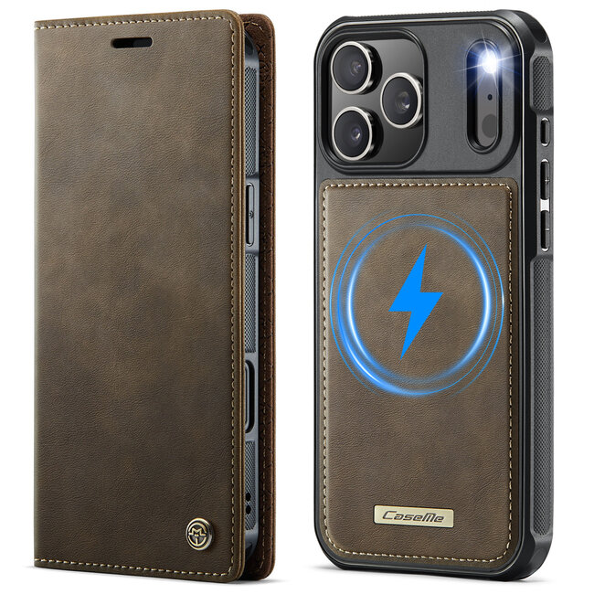Caseme - Telefoon hoesje geschikt voor Apple iPhone 17 Pro - Geschikt voor Magsafe - Bookcase - Bruin