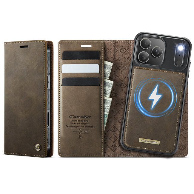Caseme - Telefoon hoesje geschikt voor Apple iPhone 17 Pro - Geschikt voor Magsafe - Bookcase - Bruin