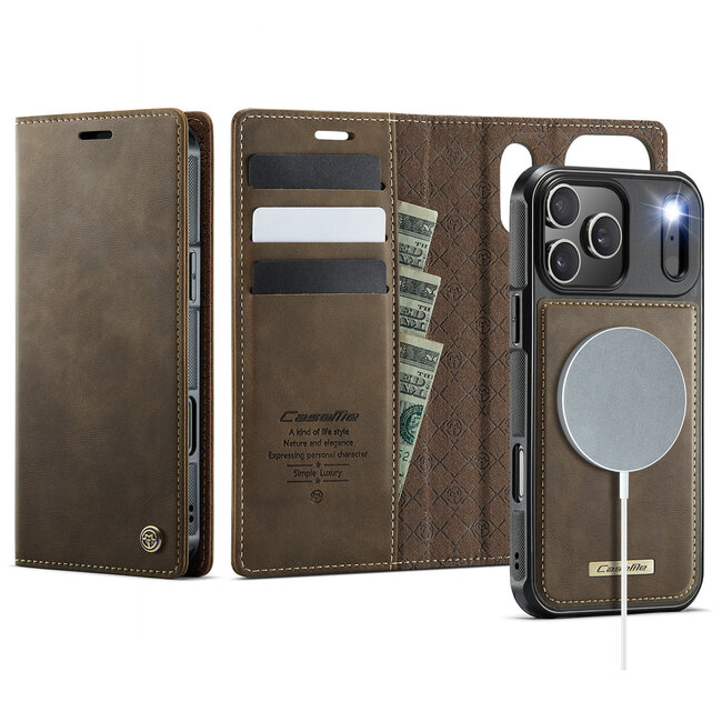 Caseme - Telefoon hoesje geschikt voor Apple iPhone 17 Pro - Geschikt voor Magsafe - Bookcase - Bruin
