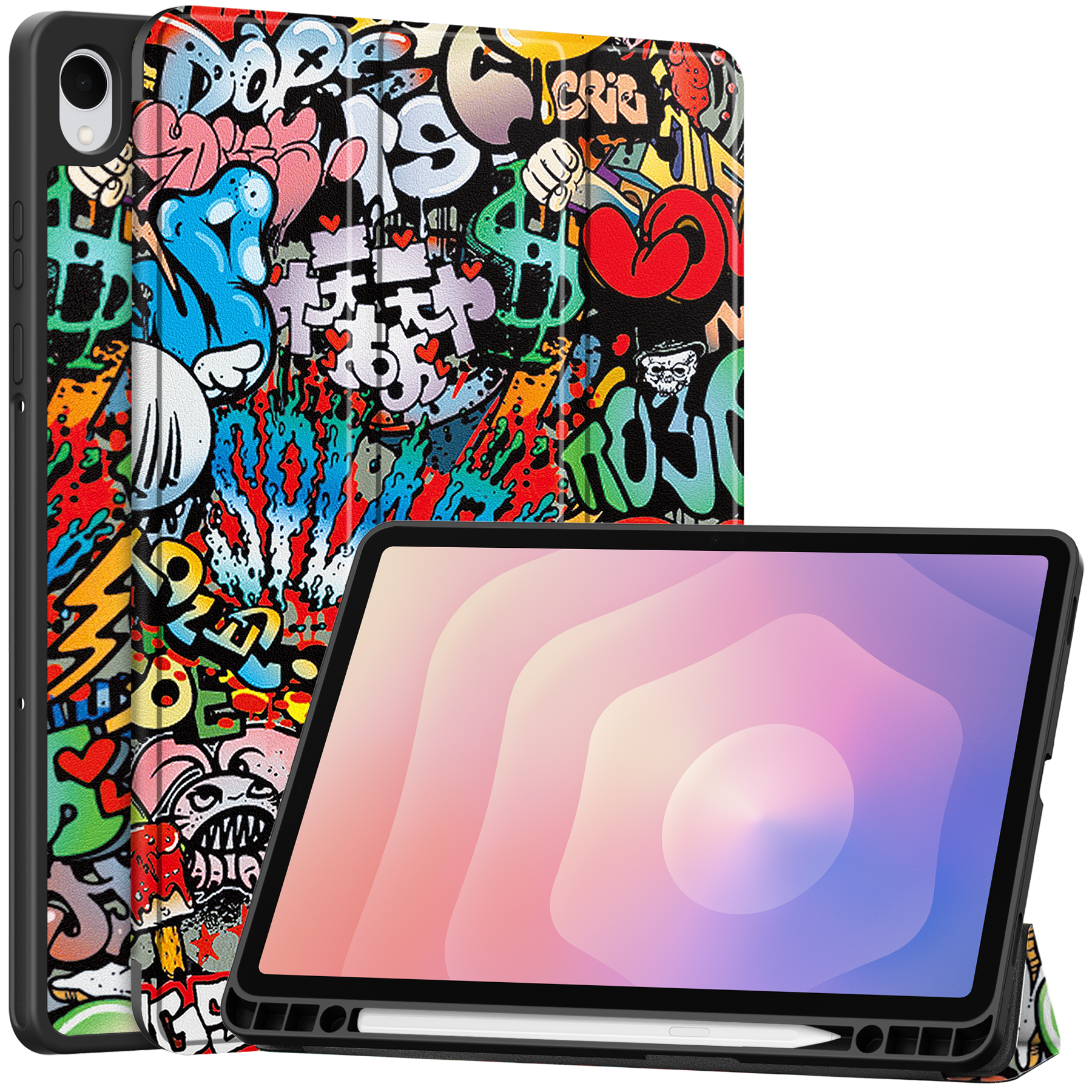 Case2go - Tablet hoes geschikt voor Samsung Galaxy Tab S11 (2025) - 11 Inch - Tri-fold hoes met Auto/Wake functie en Magnetische sluiting - TPU Cover Met Pencil Houder - Grafitti afbeelding