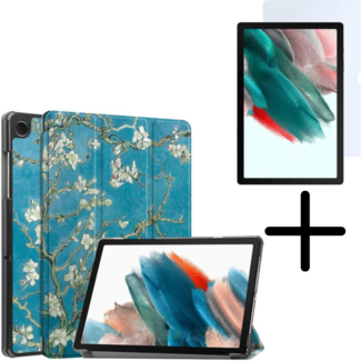 Case2go Tablethoes en Screenprotector geschikt voor Samsung Galaxy Tab A11 (2025) / A9 (2023) - Tri-fold hoes met Auto/Wake functie - Witte Bloesem