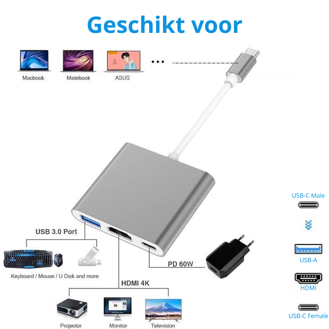 USB-C Adapter naar HDMI, USB-A en USB-C (Female) - 20 CM - 1080P - 4K Kwaliteit - 30 Hz - usbc adapter - usb c naar hdmi - usb c naar usb c - usb c hub - usb c naar usb a - Zilver