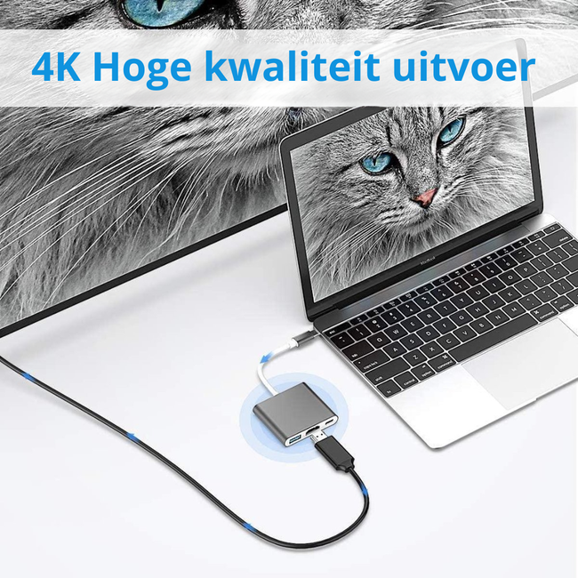 USB-C Adapter naar HDMI, USB-A en USB-C (Female) - 20 CM - 1080P - 4K Kwaliteit - 30 Hz - usbc adapter - usb c naar hdmi - usb c naar usb c - usb c hub - usb c naar usb a - Zilver