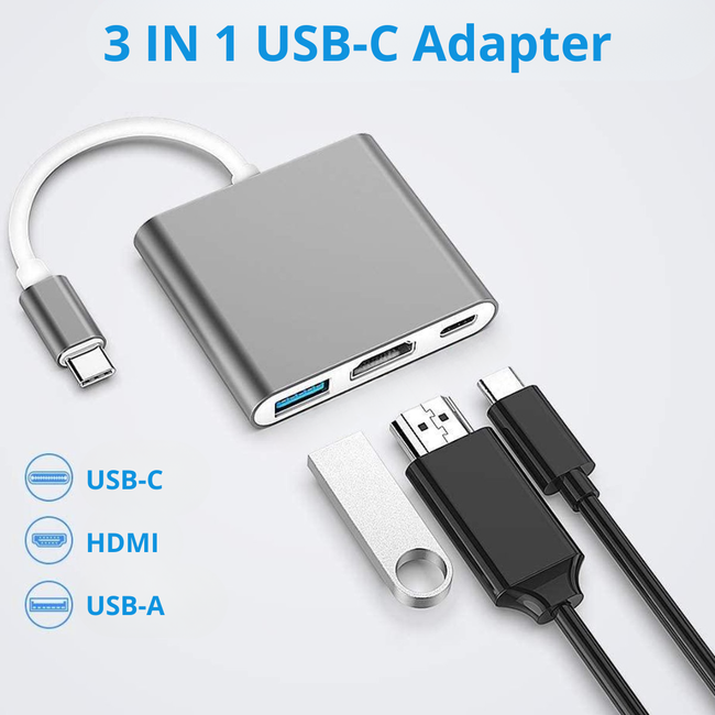 USB-C Adapter naar HDMI, USB-A en USB-C (Female) - 20 CM - 1080P - 4K Kwaliteit - 30 Hz - usbc adapter - usb c naar hdmi - usb c naar usb c - usb c hub - usb c naar usb a - Zilver