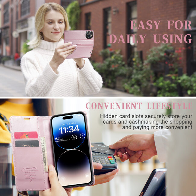 CaseMe - Telefoonhoesje geschikt voor Apple iPhone 14 Pro - Flip Wallet Case - Magneetsluiting - Roze