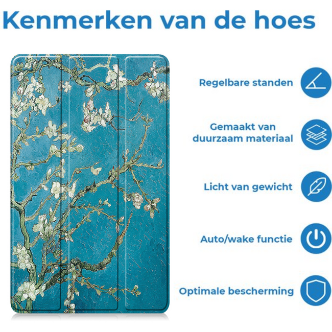 Tablet hoes geschikt voor Samsung Galaxy Tab A11 (2025) - Met Auto/Wake functie  - Tri-Fold Hoes - 8.7 inch - Witte Bloesem
