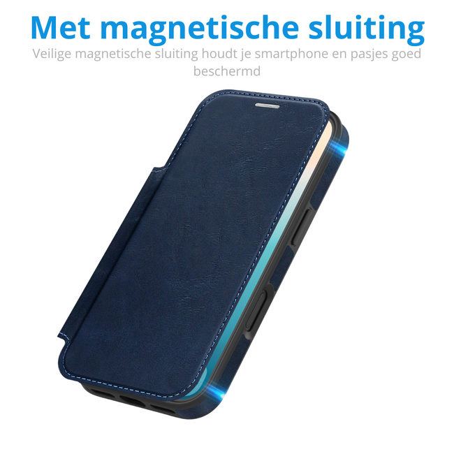 Hoesje geschikt voor iPhone 17 Pro Max - Met Pasjeshouder - Geschikt voor MagSafe - Met magnetische sluiting - Blauw