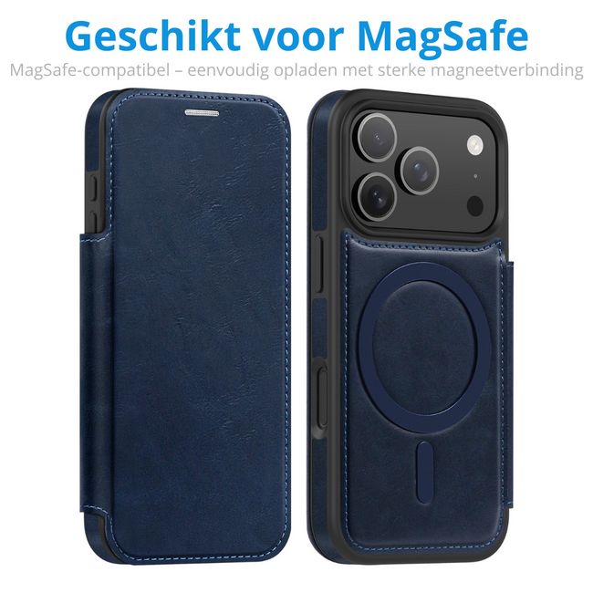 Hoesje geschikt voor iPhone 17 Pro Max - Met Pasjeshouder - Geschikt voor MagSafe - Met magnetische sluiting - Blauw