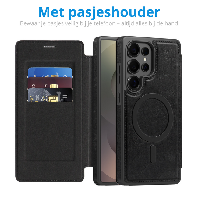 Hoesje geschikt voor Samsung Galaxy S25 Ultra - Met Pasjeshouder - Geschikt voor MagSafe - Met magnetische sluiting - Zwart