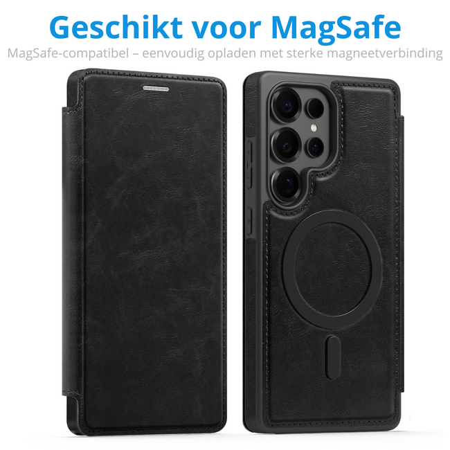 Hoesje geschikt voor Samsung Galaxy S25 Ultra - Met Pasjeshouder - Geschikt voor MagSafe - Met magnetische sluiting - Zwart