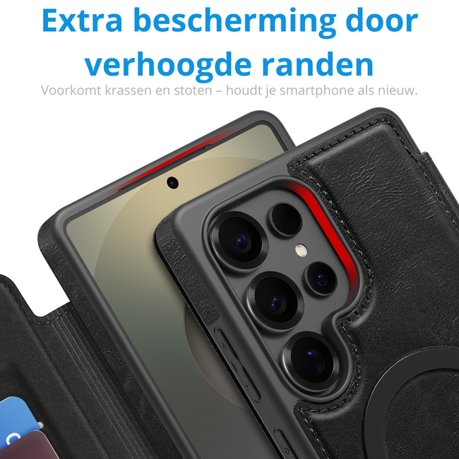 Hoesje geschikt voor Samsung Galaxy S25 Ultra - Met Pasjeshouder - Geschikt voor MagSafe - Met magnetische sluiting - Zwart