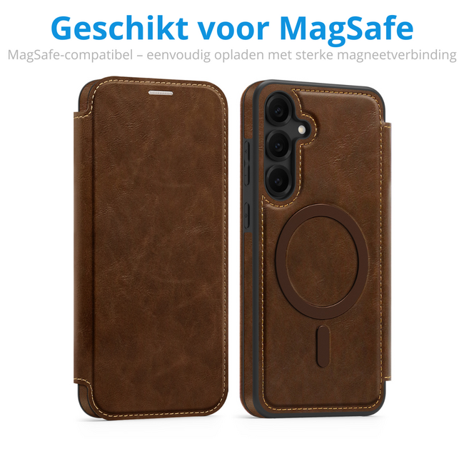 Hoesje geschikt voor Samsung Galaxy S25 Plus - Met Pasjeshouder - Geschikt voor MagSafe - Met magnetische sluiting - Donker Bruin