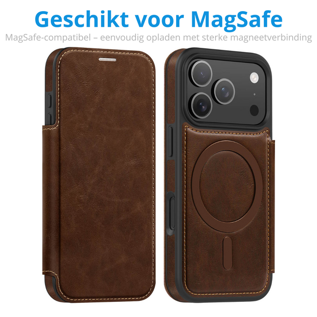 Hoesje geschikt voor iPhone 17 Pro - Met Pasjeshouder - Geschikt voor MagSafe - Met magnetische sluiting - Donker Bruin